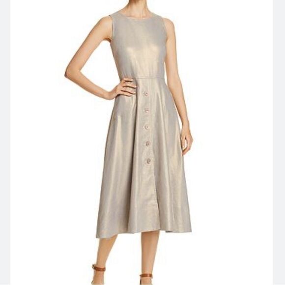 Gold Metallic Linen Blend Dress - Picture 1 of 9